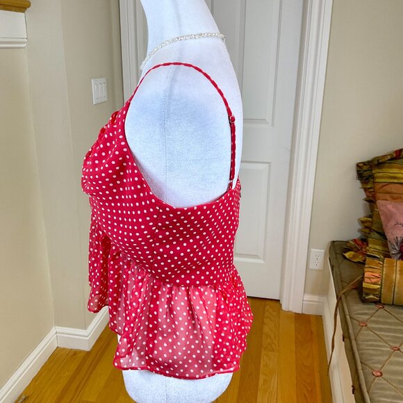 BCBGMAXAZRIA Top Crop Camisole Red White Polka Dot Flowy Peplum (M) - Picture 2 of 6